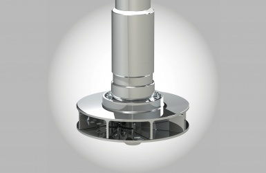 Self-priming turbine stirrer with double discs and vertical plates
